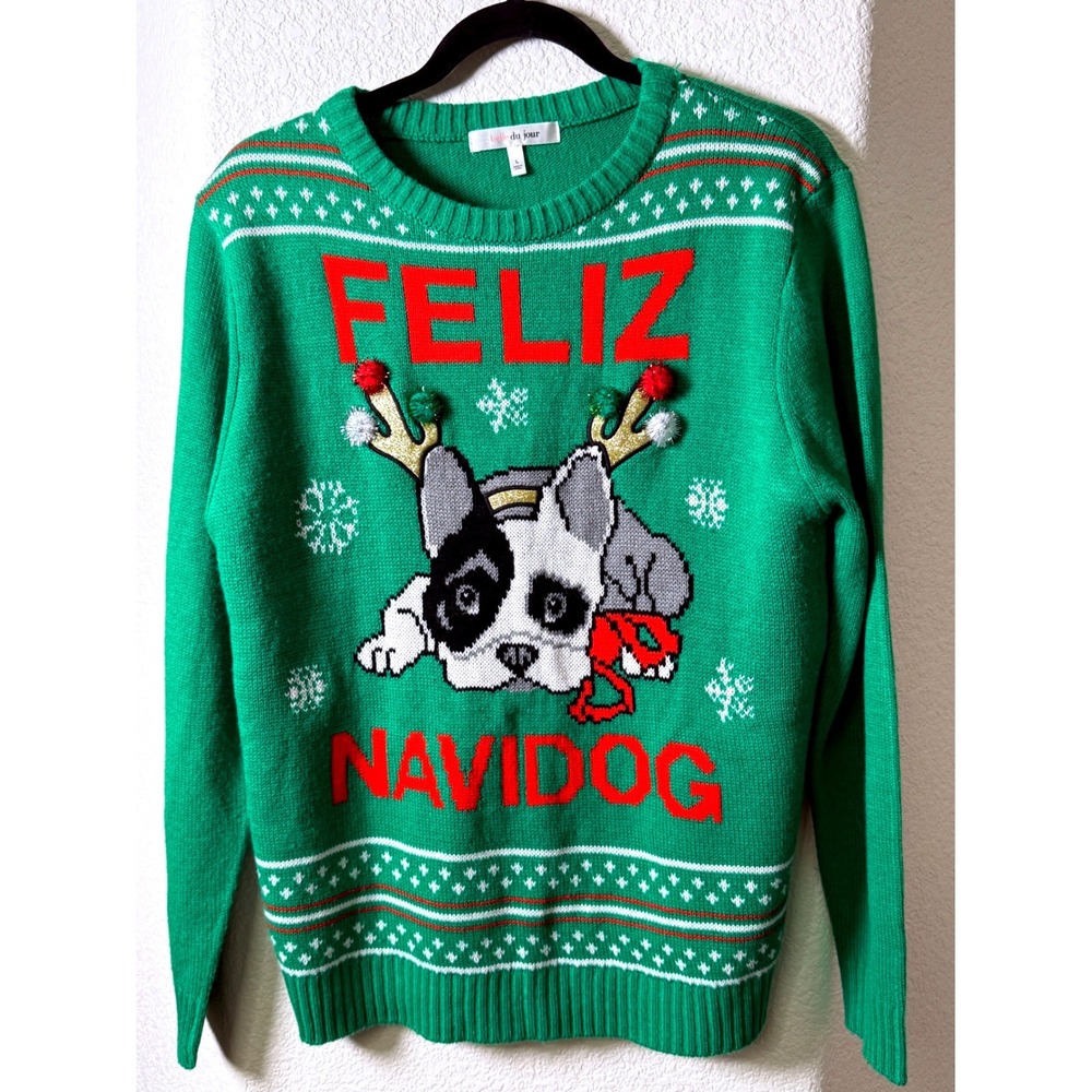 Feliz Navidog Christmas Sweater Womens Green Dog Pom Pom Ugly Holiday Knit Puppy